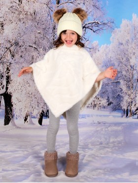 Kids Soft Faux Fur Poncho W/  Wave Pattern and Faux Fur Neckline (3-7 Years Old) 